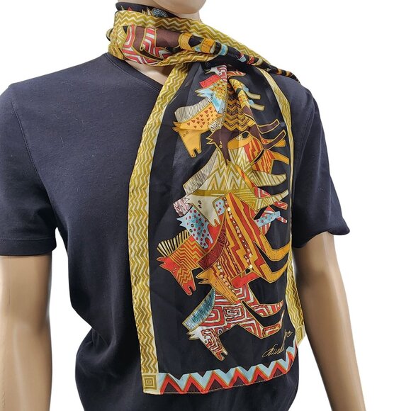 Laurel Burch Silk Scarf With Horse Motif & Geometric Border - Picture 1 of 8